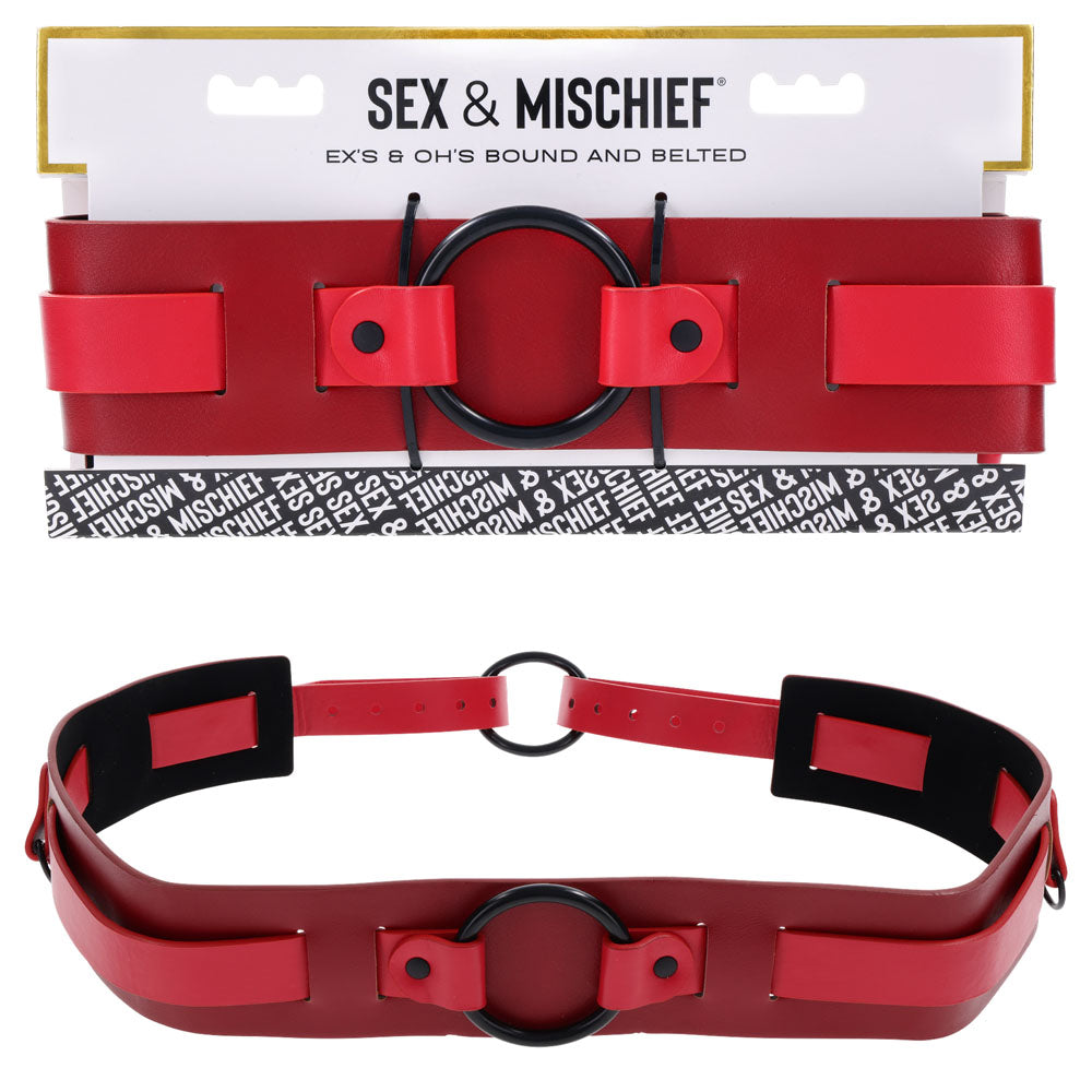 S&M Exs & Ohs Bound and Belted -  Bondage Belt featuring a striking red design and O rings for versatile attachment options.