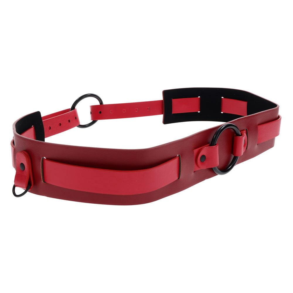 S&M Exs & Ohs Bound and Belted -  Bondage Belt showcasing striking two-toned red faux leather design with D Rings and O Rings.