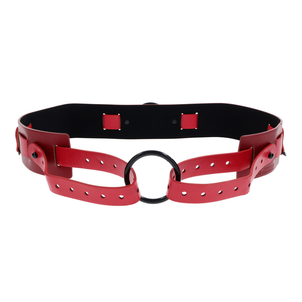 S&M Exs & Ohs Bound and Belted -  Bondage Belt featuring faux leather with red accents and multiple attachment points.