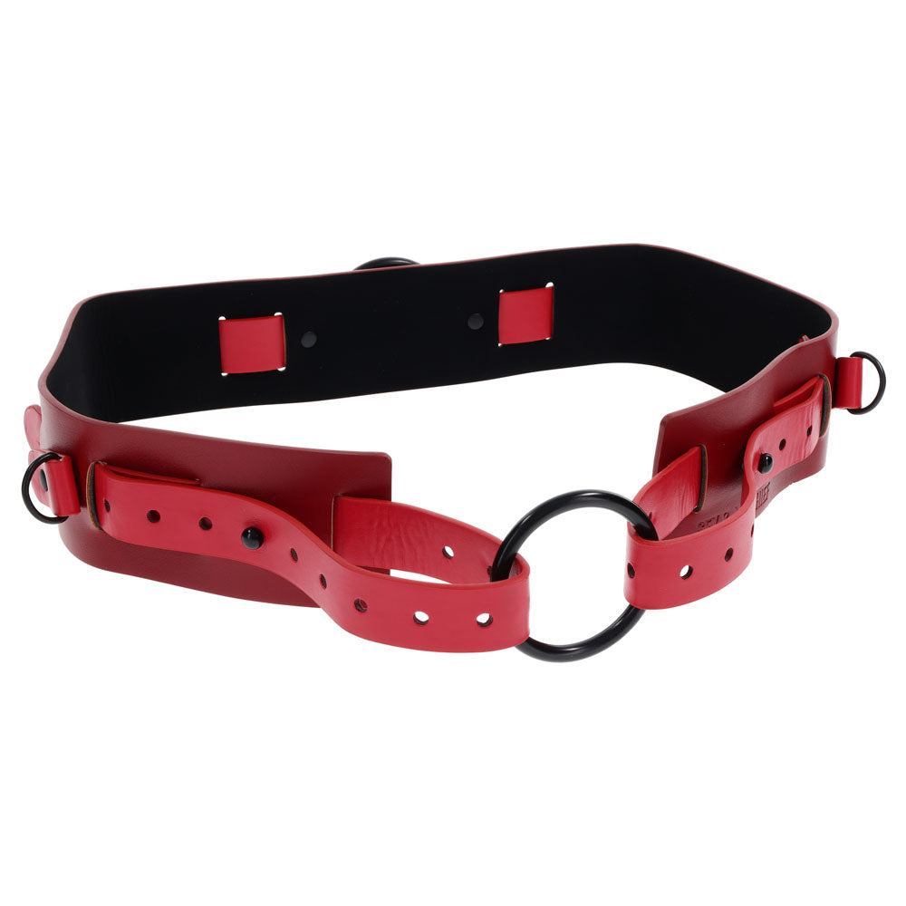 S&M Exs & Ohs Bound and Belted -  Bondage Belt featuring faux leather with two-toned red accents and multiple attachment points.