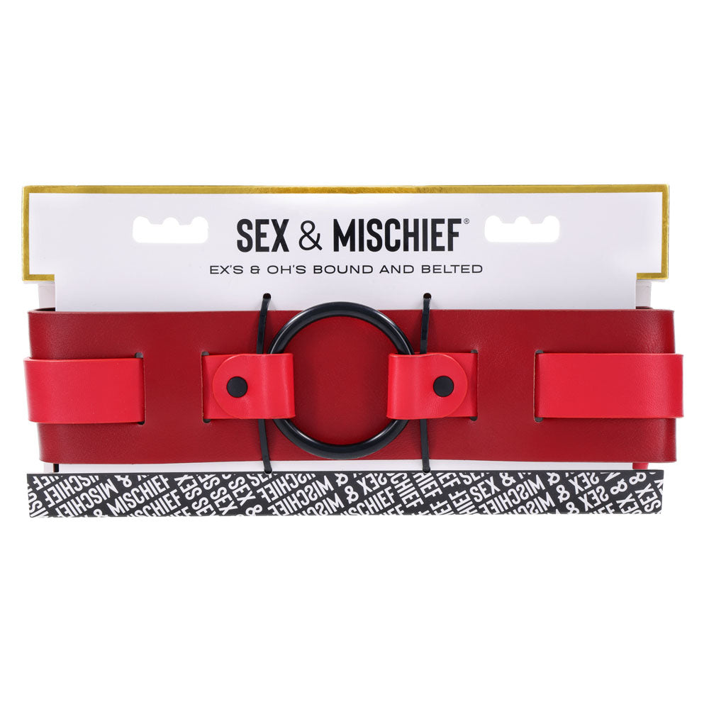 S&M Exs & Ohs Bound and Belted -  Bondage Belt with red accents and D Rings for versatile restraint options.