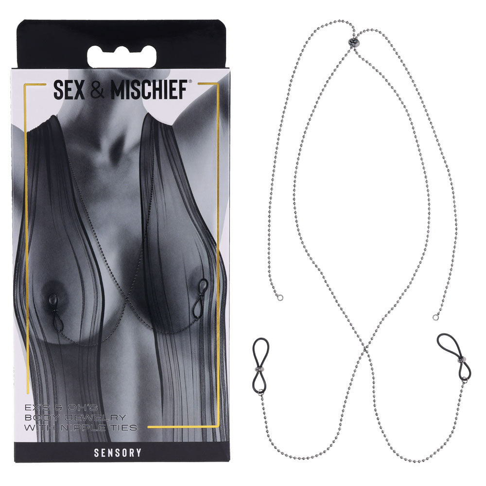 S&M Exs & Ohs Body Jewelry with Nipple Ties - Metal Chain with Nipple Ties in packaging, featuring sleek gunmetal design.