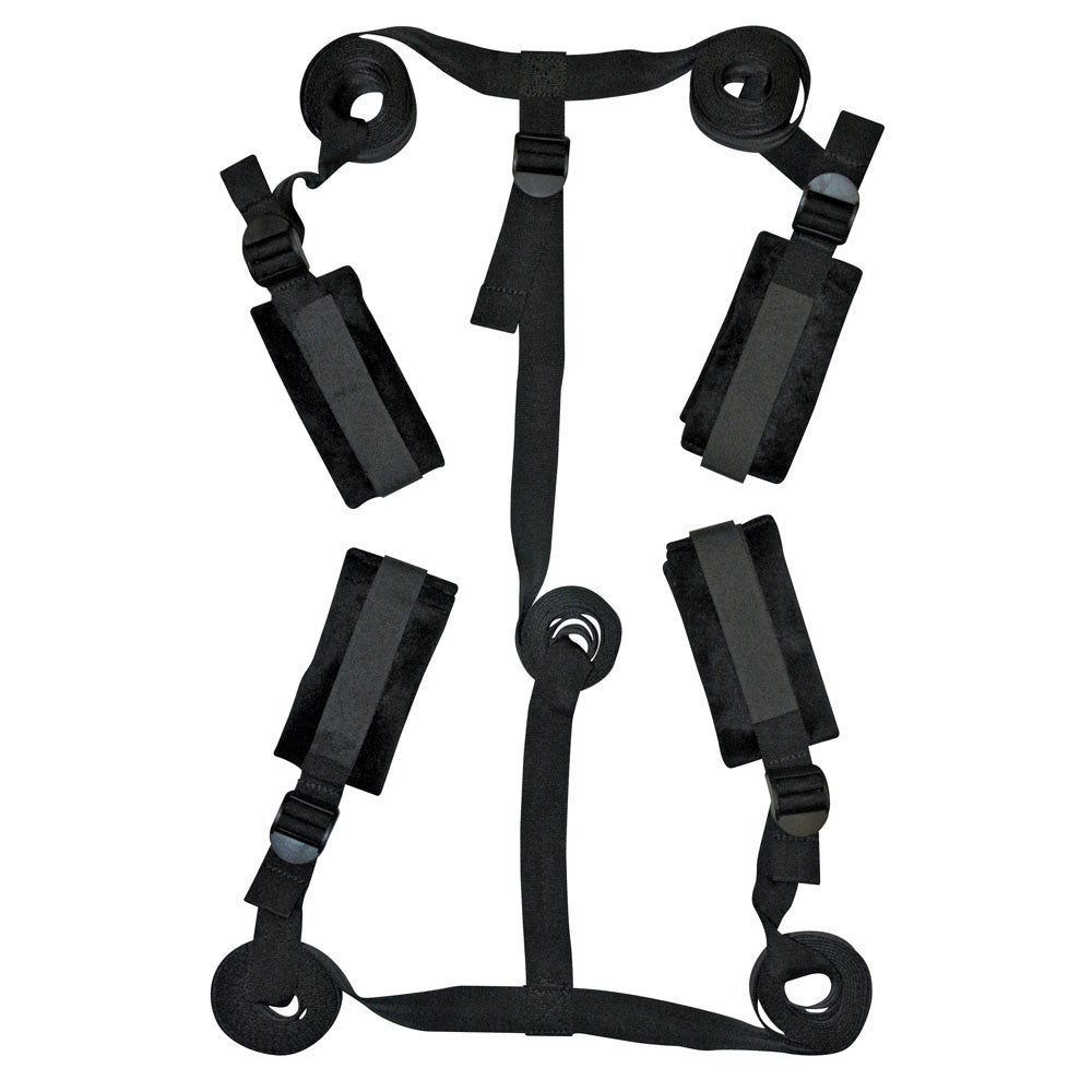 Sex & Mischief Bed Bondage Restraint Kit - Under the Bed Restraint System with adjustable straps and cuffs.