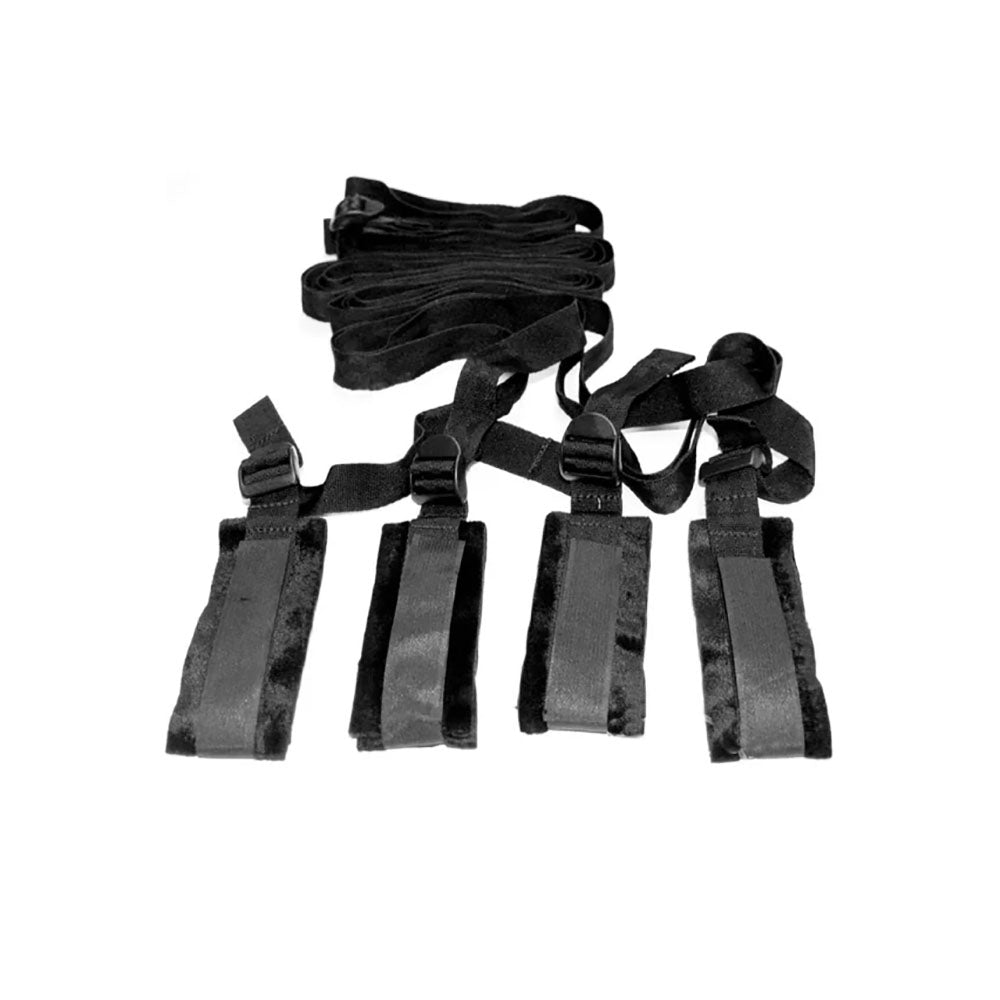 Sex & Mischief Bed Bondage Restraint Kit - Under the Bed Restraint System with adjustable soft cuffs and straps.