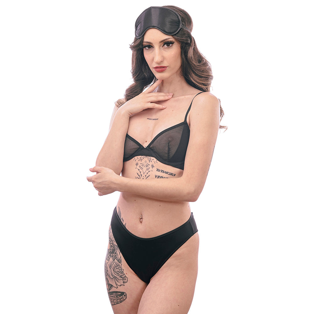 Sexy model wearing a black bra, bikini bottom, and Sex & Mischief Satin Blindfold - Blindfold for intimate adventures.