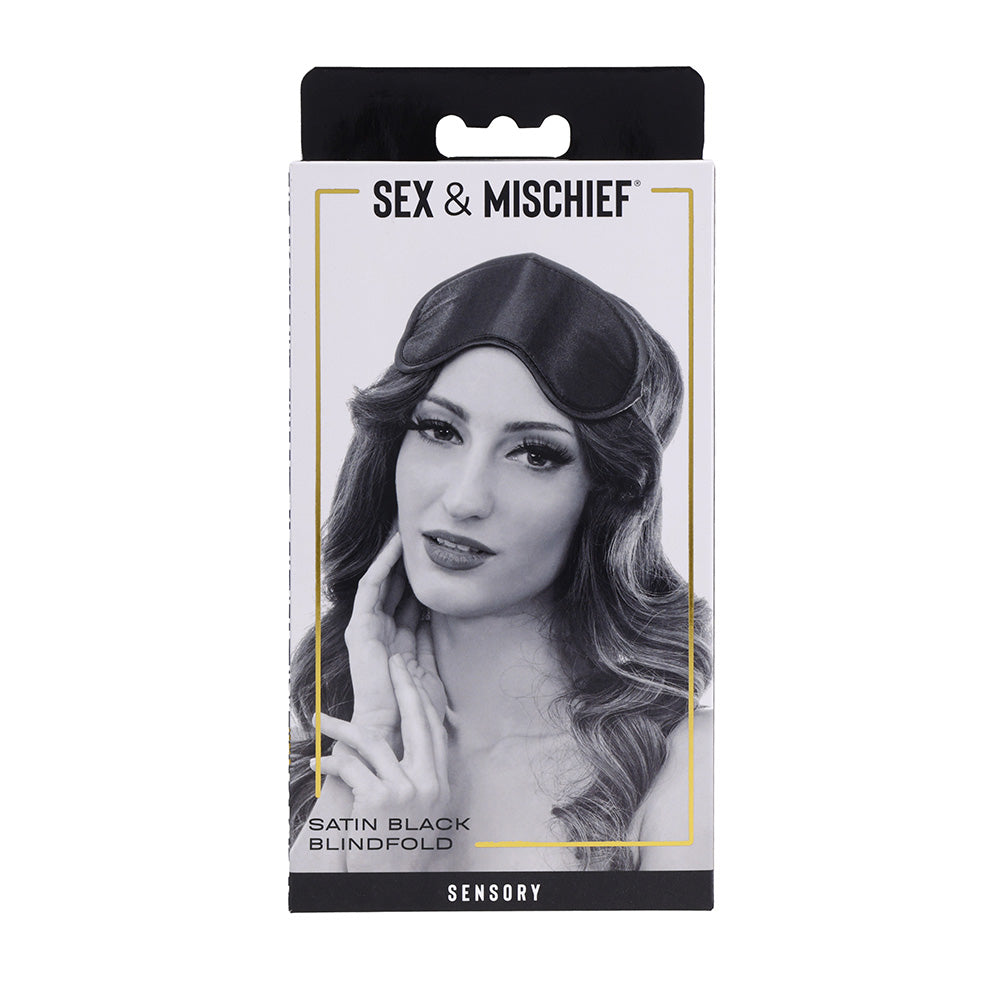 Sex & Mischief Satin Blindfold - Blindfold packaging featuring a woman modeling the satin black blindfold.