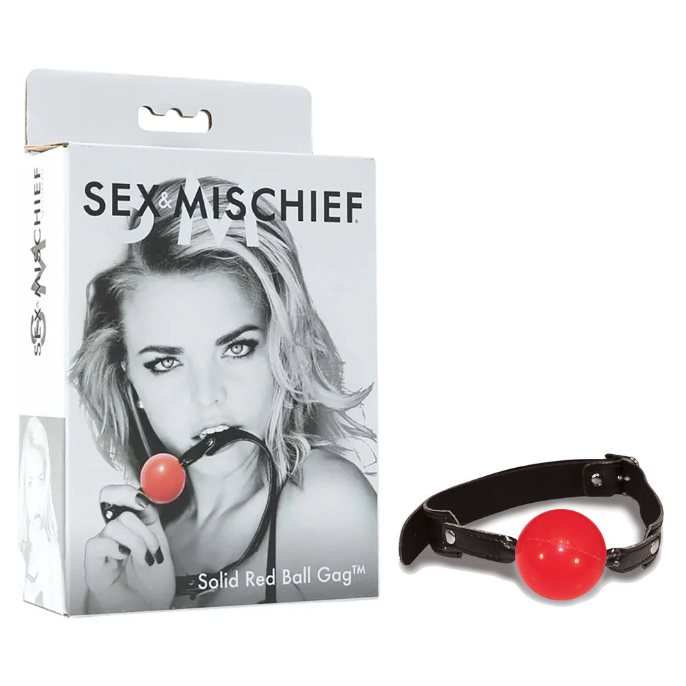 Sex & Mischief Solid Red Ball Gag - Red/Black Mouth Restraint with packaging and model, perfect for intimate essentials for her.