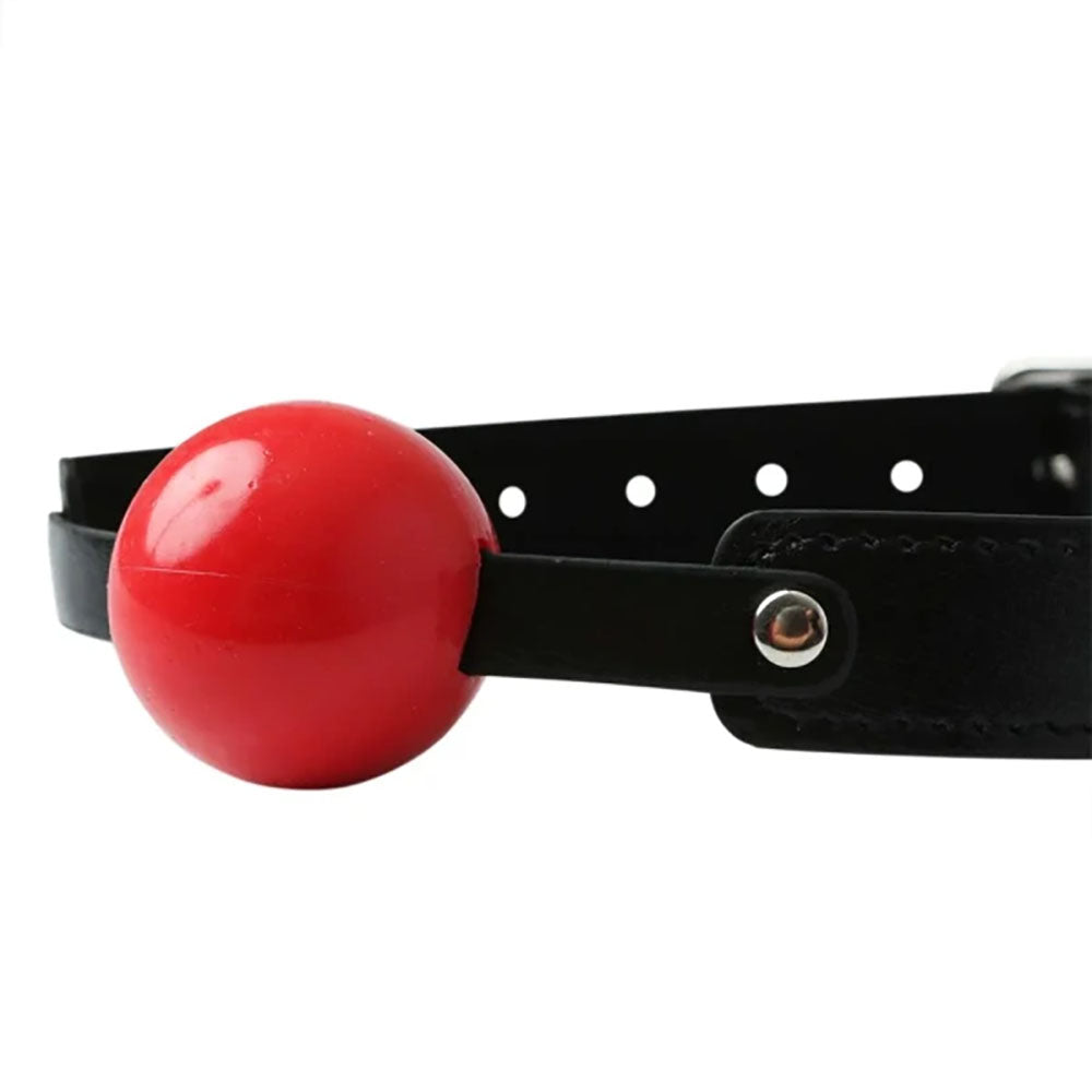 Sex & Mischief Solid Red Ball Gag - Red/Black Mouth Restraint with adjustable strap and soft rubber ball.