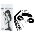 Sex & Mischief 3 Piece Intro to S&M Kit - Beginner Bondage Kit - 3 Piece Set featuring cuffs, blindfold, and whip.