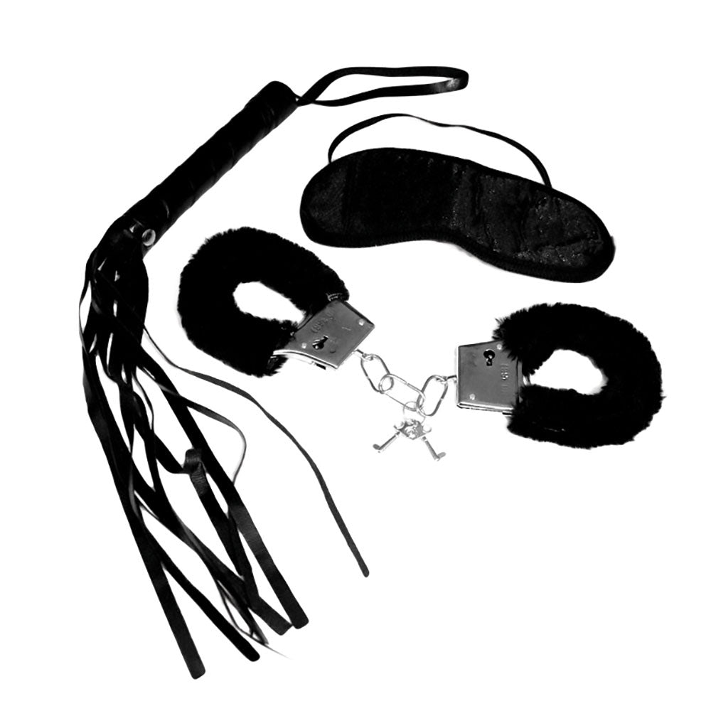 Sex & Mischief 3 Piece Intro to S&M Kit - Beginner Bondage Kit - 3 Piece Set including cuffs, blindfold and whip.