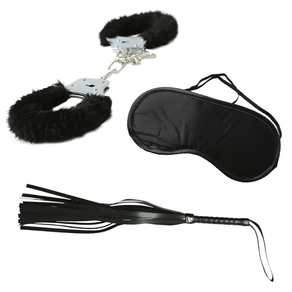 Sex & Mischief 3 Piece Intro to S&M Kit - Beginner Bondage Kit - 3 Piece Set featuring furry cuffs, blindfold, and flogger.