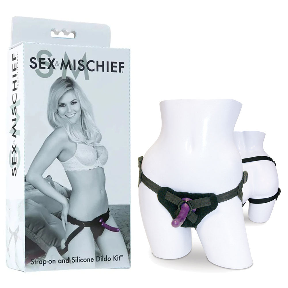 Sex & Mischief Strap-On & Silicone Dildo Kit - /Purple Adjustable Strap-On packaging and product view with adjustable straps.