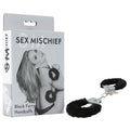 Sex & Mischief Furry Handcuffs -  -  Restraints in a black packaging with model showcasing the cuffs.