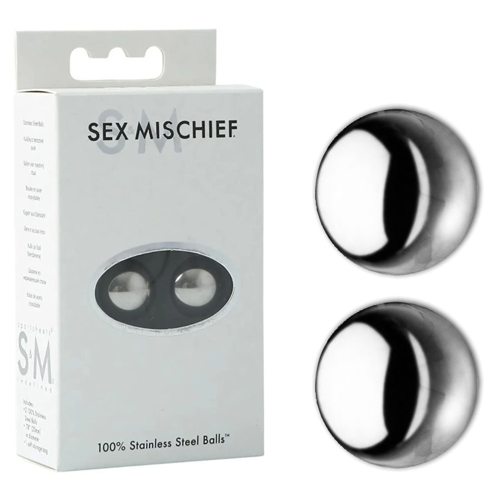 Sex & Mischief 100% Stainless Steel Balls - Stainless Steel Ben Wa Balls packaging and product image.