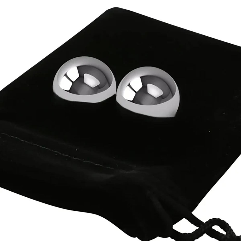 Sex & Mischief 100% Stainless Steel Balls - Stainless Steel Ben Wa Balls in a soft black pouch.