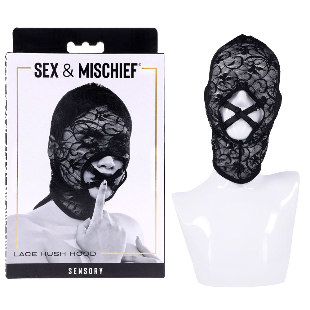 Sex & Mischief Lace Hush Hood - Hood displayed on a mannequin with packaging, showcasing its seductive lace design.