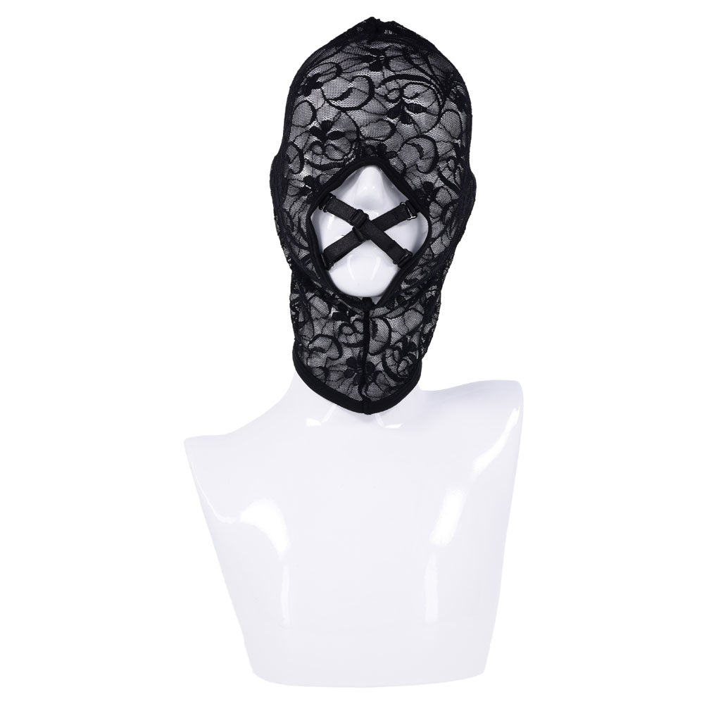 Sex & Mischief Lace Hush Hood -  Hood displayed on a mannequin, featuring intricate sheer floral lace design.