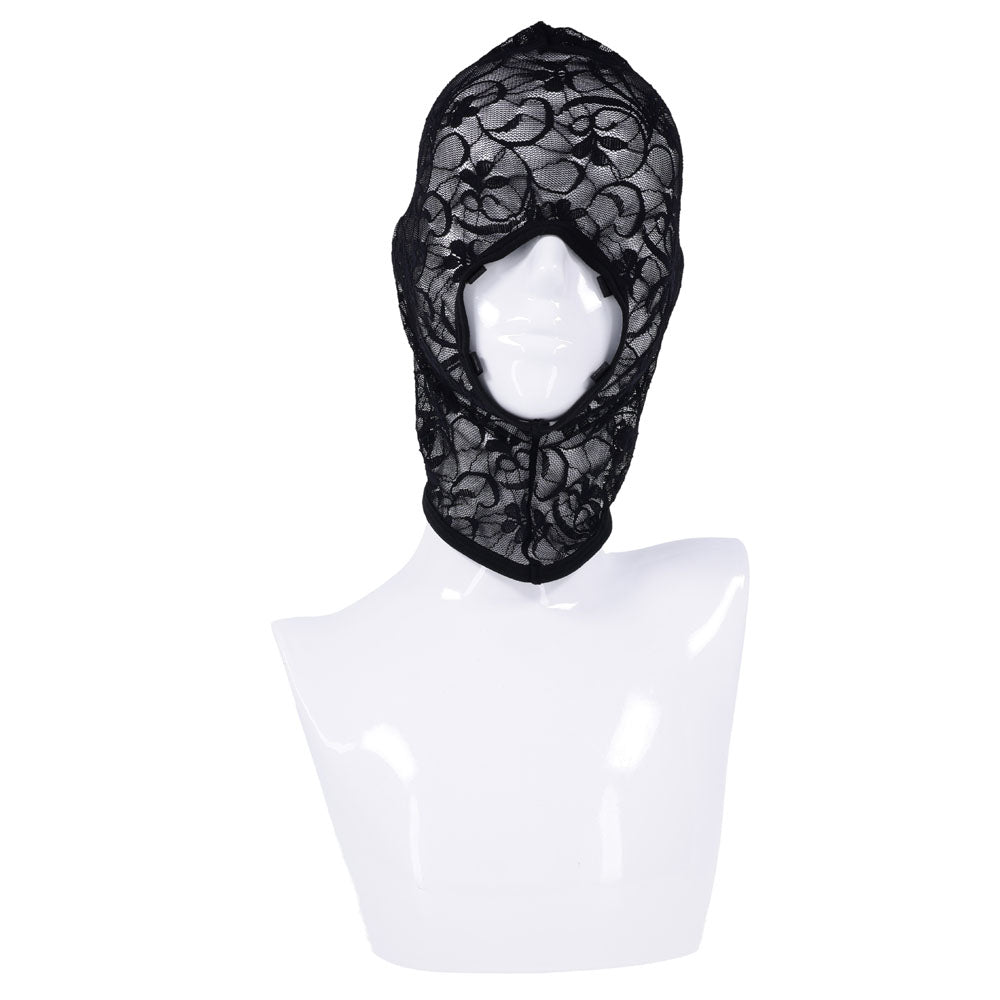 Sex & Mischief Lace Hush Hood - Hood displayed on a mannequin, featuring sheer floral lace design for seduction.
