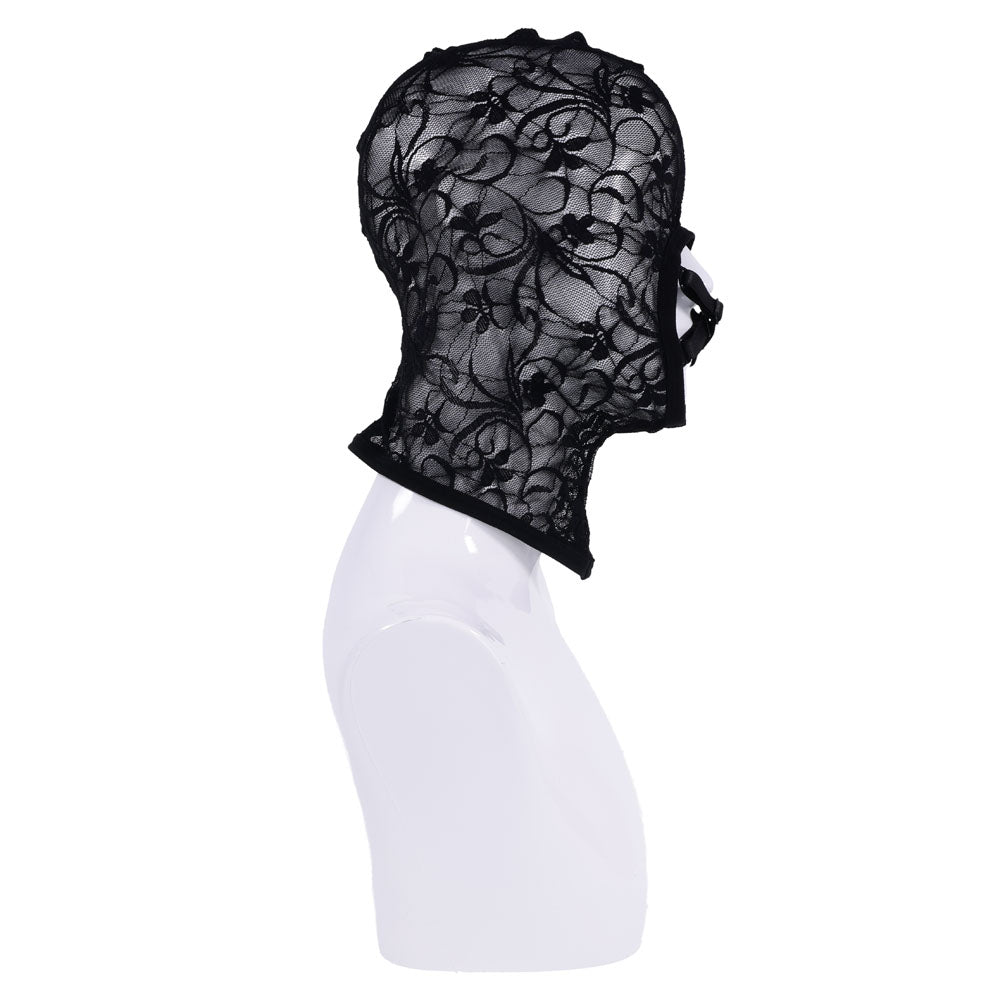 Sex & Mischief Lace Hush Hood - Hood displayed on a mannequin, showcasing floral lace and removable straps for intimacy.