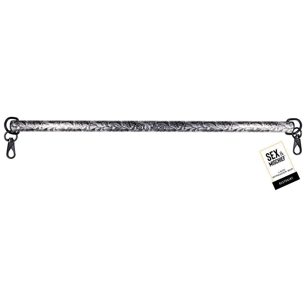Sex & Mischief Lace Spreader Bar -  Restraint Bar with elegant black lace design and metal clasps.
