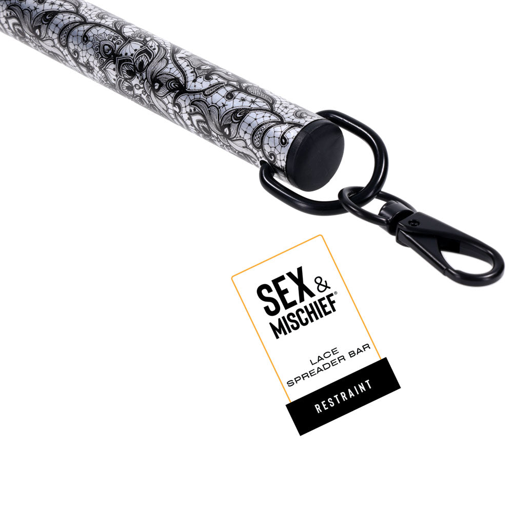 Sex & Mischief Lace Spreader Bar -  Restraint Bar with elegant black lace design and black clasps, perfect for intimate essentials.
