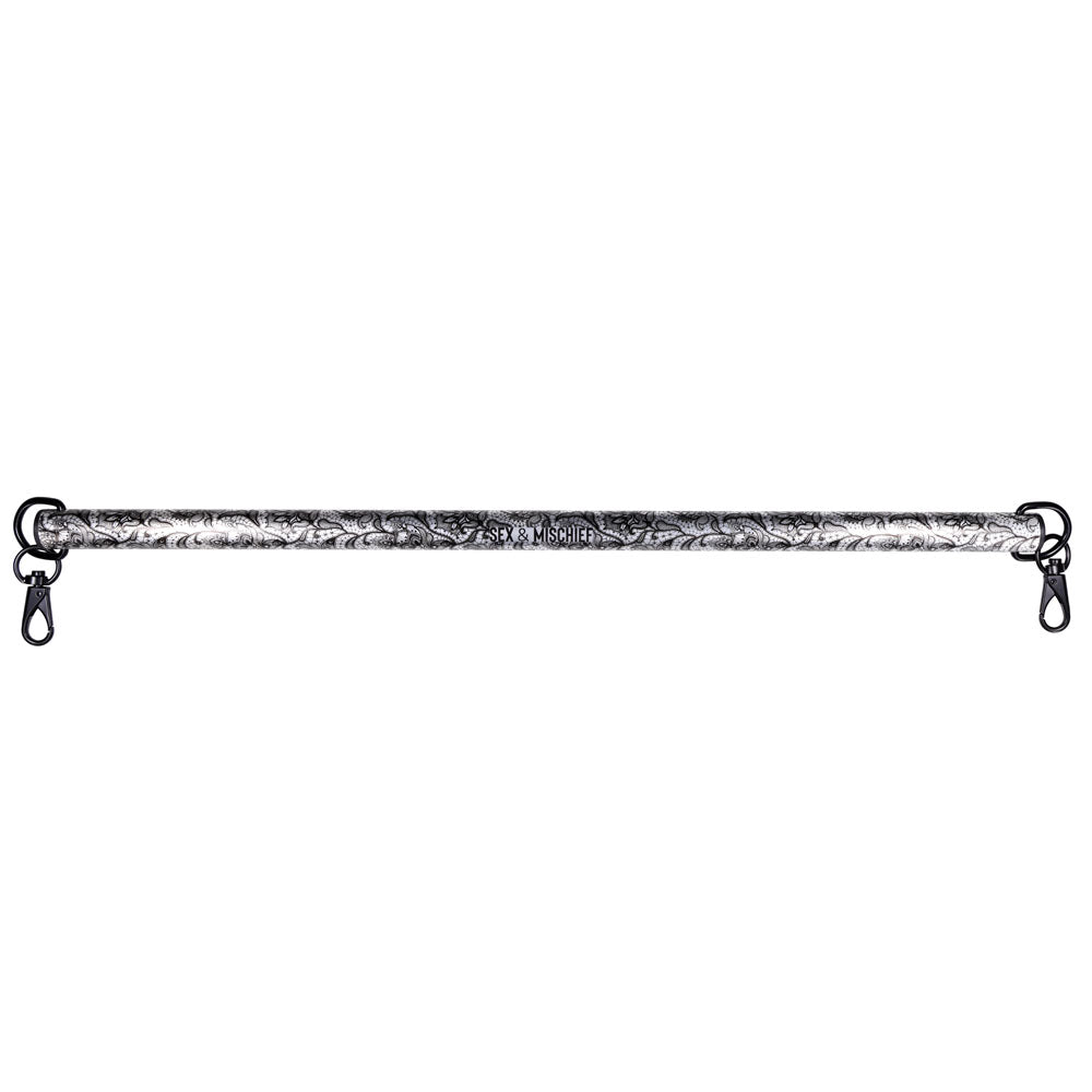 Sex & Mischief Lace Spreader Bar -  Restraint Bar with elegant black lace-etched design and sleek clasps.