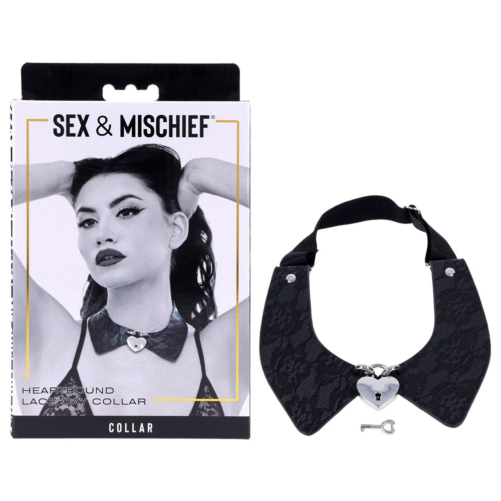 Sex & Mischief Heartbound Lace Day Collar -  Submission Collar displayed in packaging with model.