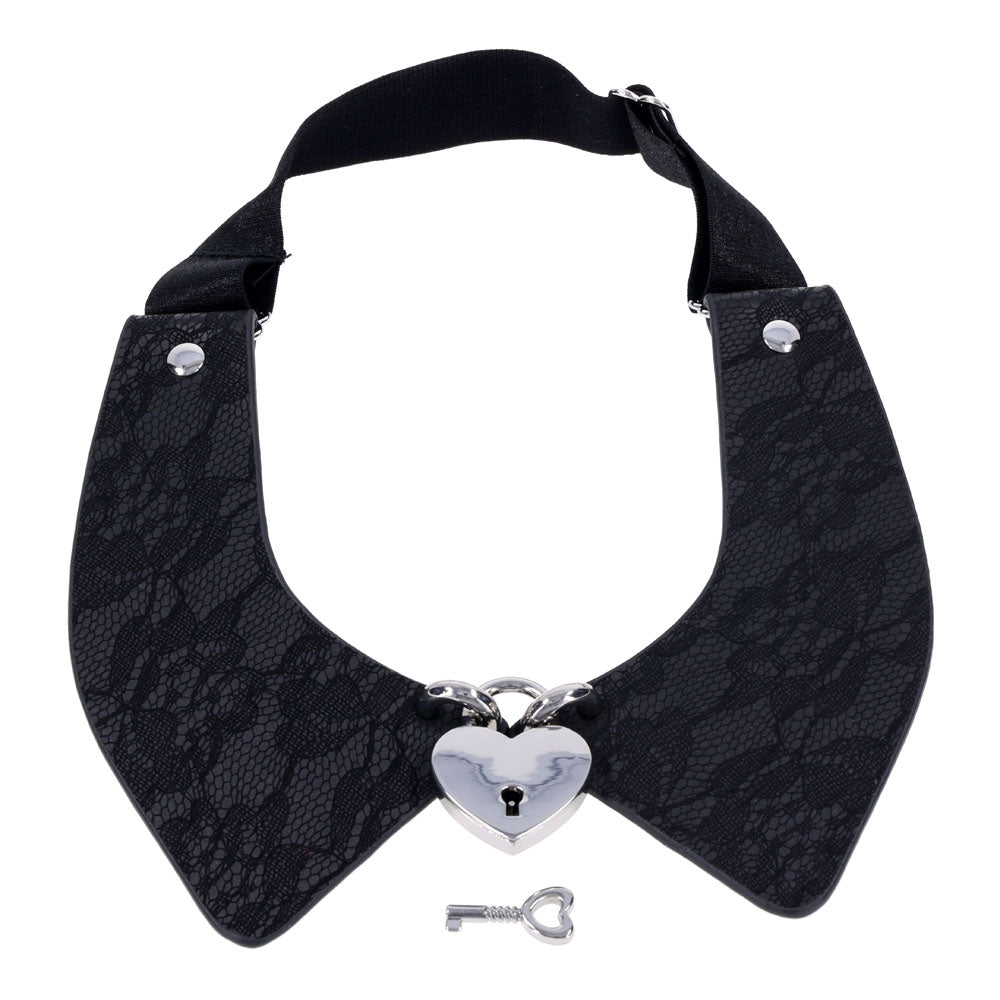 Sex & Mischief Heartbound Lace Day Collar -  Submission Collar with stylish lace and polished silver heart lock.
