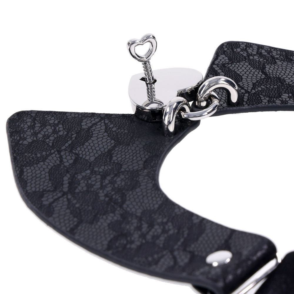 Sex & Mischief Heartbound Lace Day Collar -  Submission Collar detail showcasing lace and polished silver heart lock.