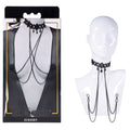 Sex & Mischief Lace Collar with Nipple Ties displayed on a mannequin, featuring elegant black lace and gemstone details.