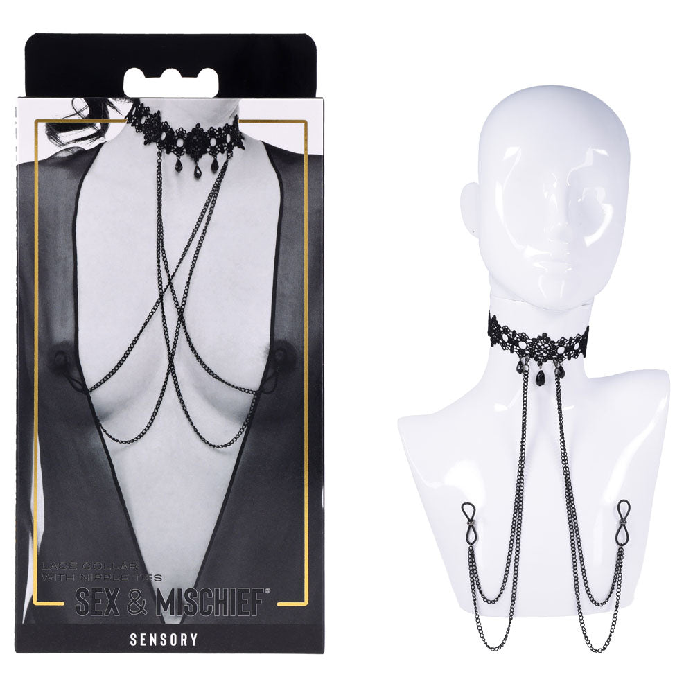 Sex & Mischief Lace Collar with Nipple Ties displayed on a mannequin, featuring elegant black lace and gemstone details.