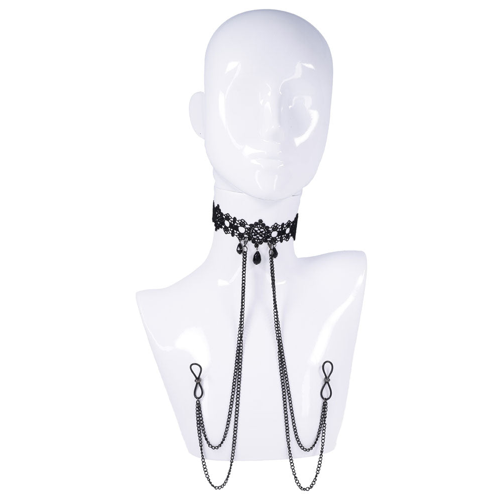 Lace collar nipple ties displayed on a mannequin, featuring ornate lace and dangling chains for added allure.