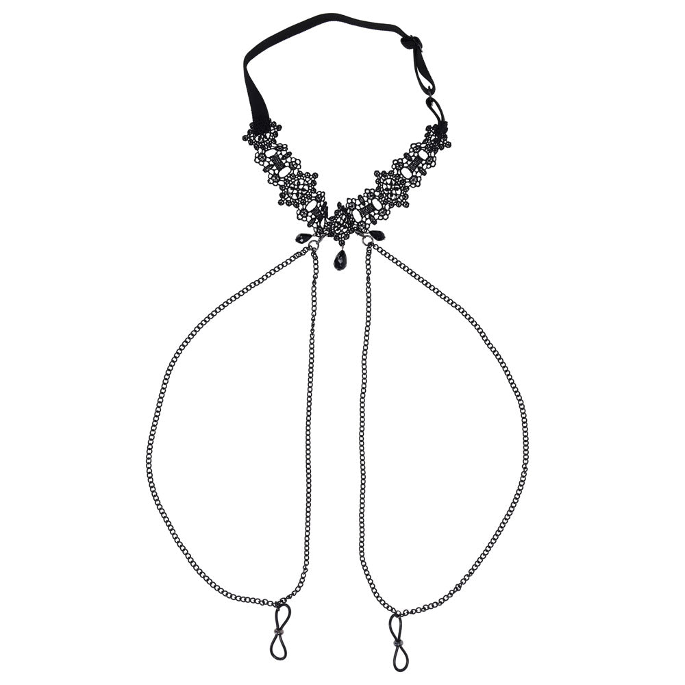 Sex & Mischief Lace Collar with Nipple Ties - Neck and Nipple Restraints, featuring black lace and adjustable straps.