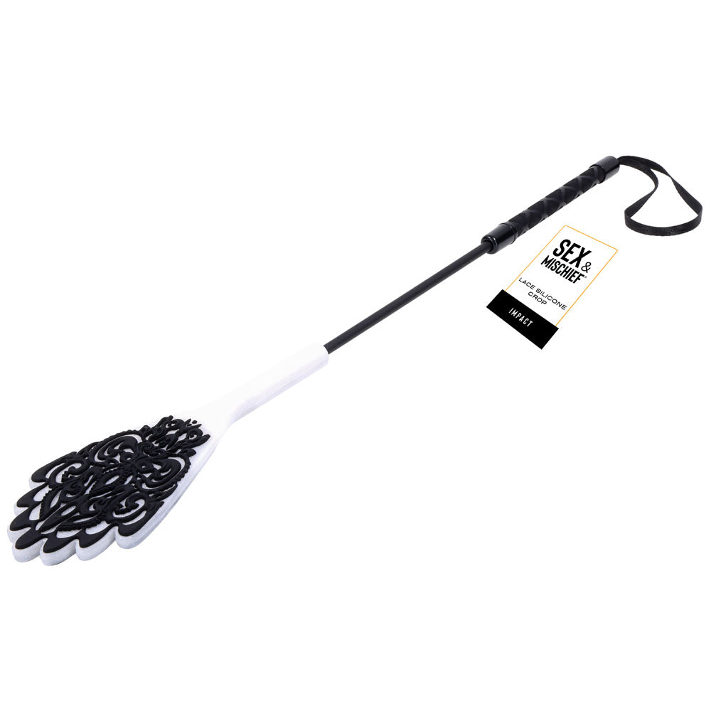 Sex & Mischief Lace Silicone Crop - /White 50 cm Crop Whip showcasing lace-patterned tip for intimate play and erotic indulgence.