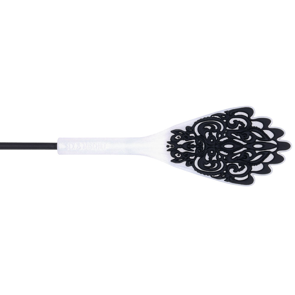 Sex & Mischief Lace Silicone Crop - /White 50 cm Crop Whip with intricate lace design for playful intimacy.