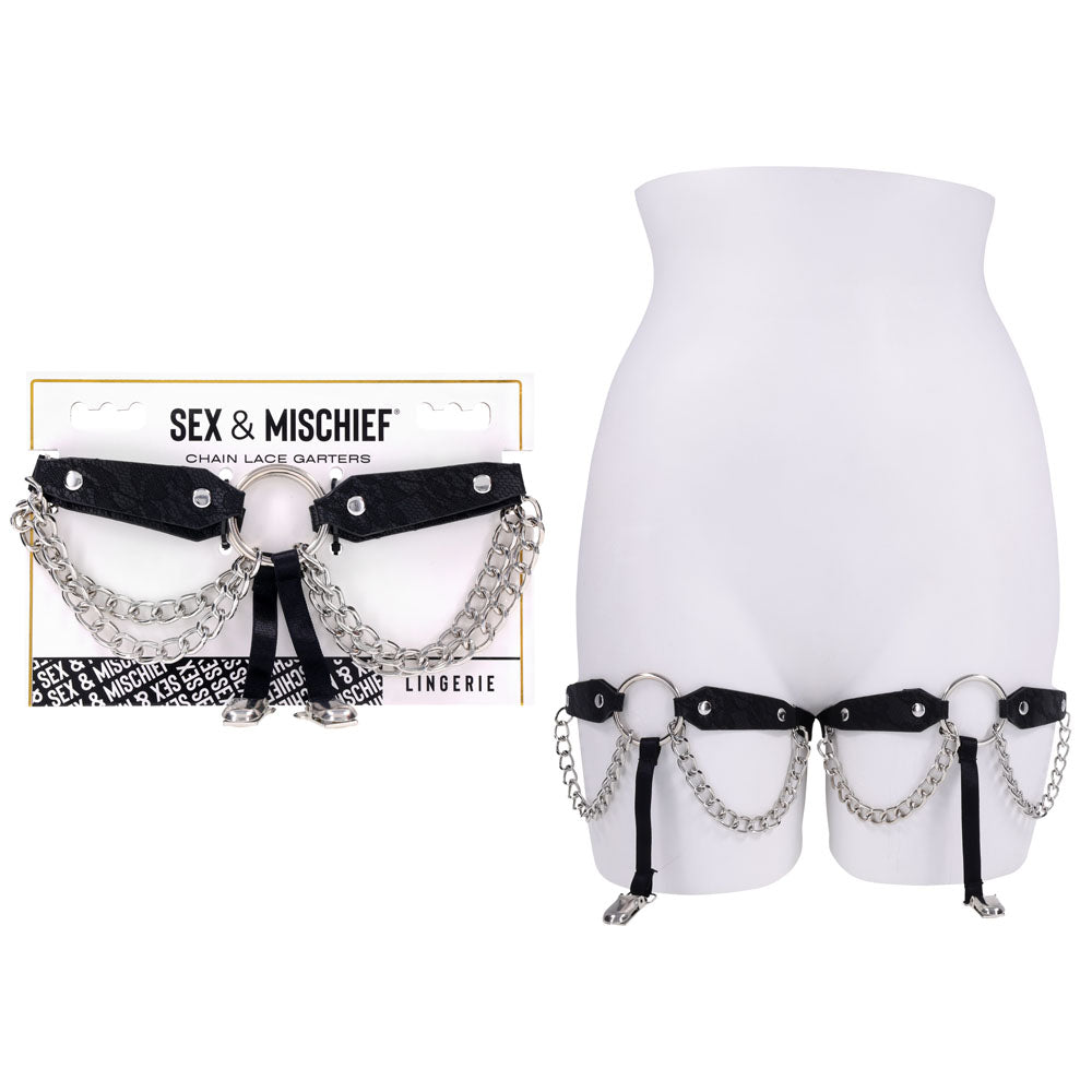Sex & Mischief Chain Lace Garters - /Metal Garters showcasing lace and chain design for a bold, sensual look.