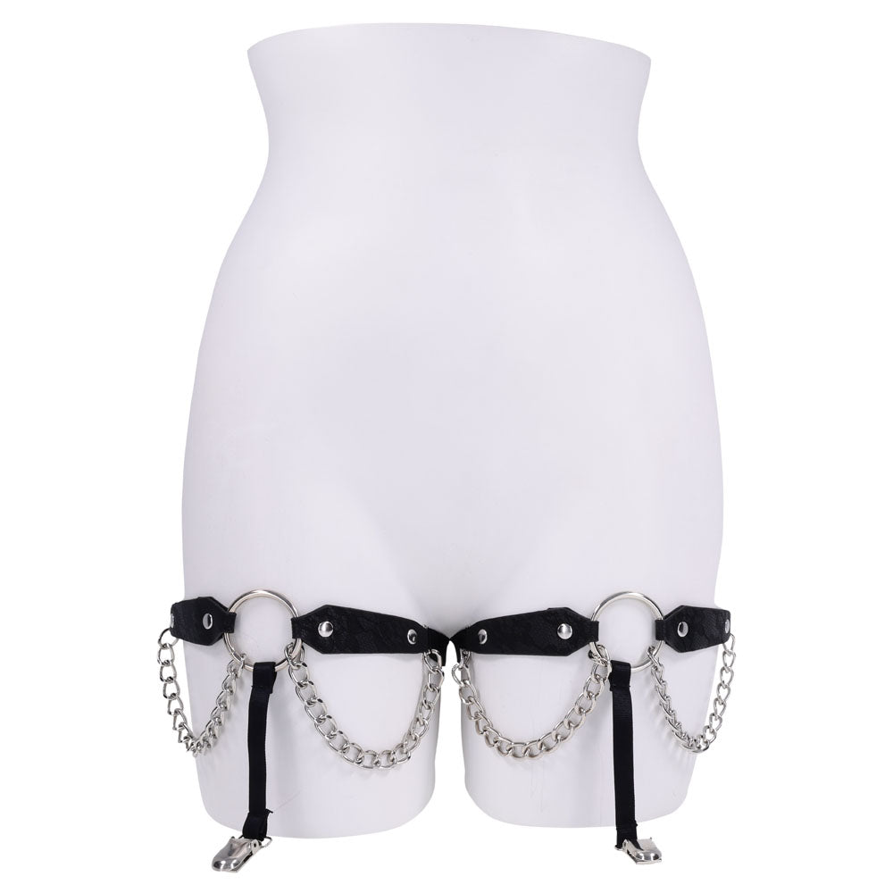 Sex & Mischief Chain Lace Garters - /Metal Garters featuring lace-etched faux leather and cascading chains for a bold look.