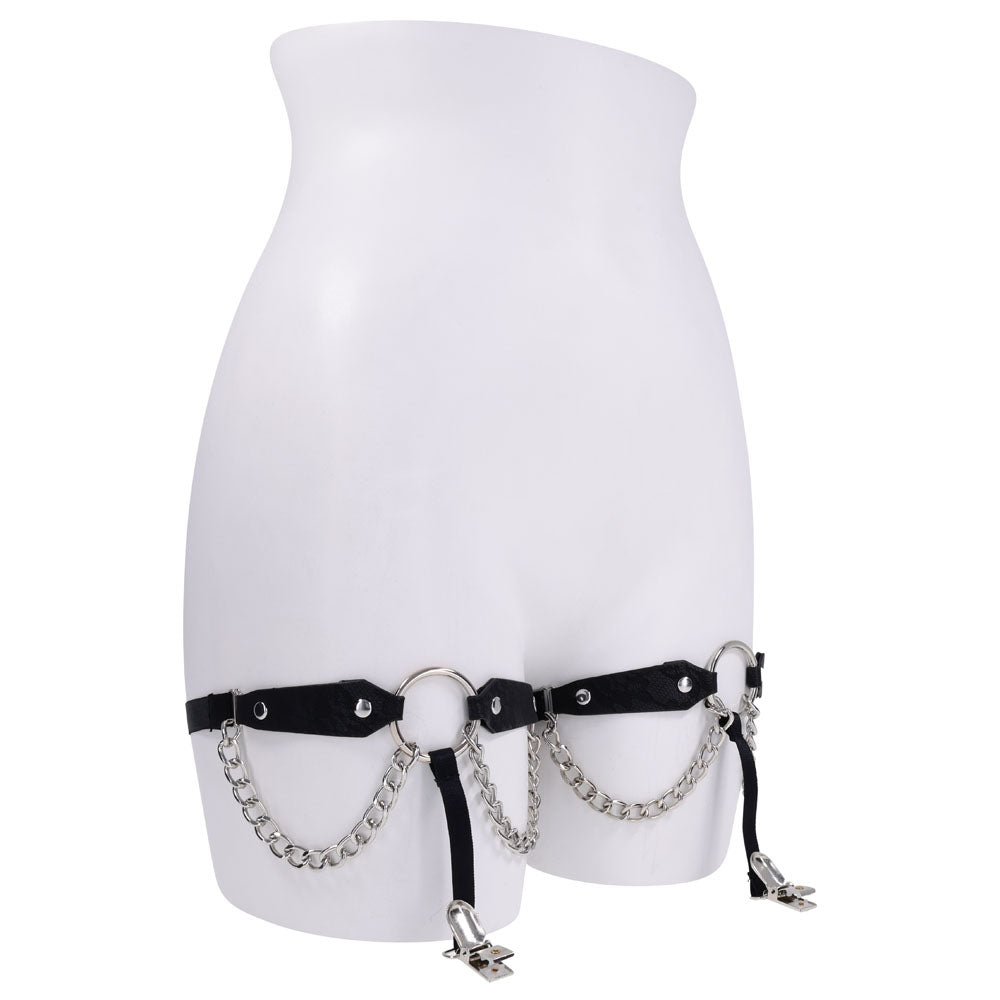 Sex & Mischief Chain Lace Garters - /Metal Garters showcasing black lace and metal chains for a bold and elegant look.