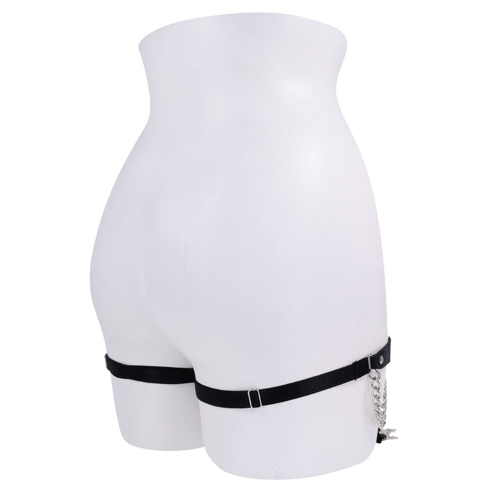 Sex & Mischief Chain Lace Garters - /Metal Garters displayed on a mannequin showcasing elegant design and draped chains.