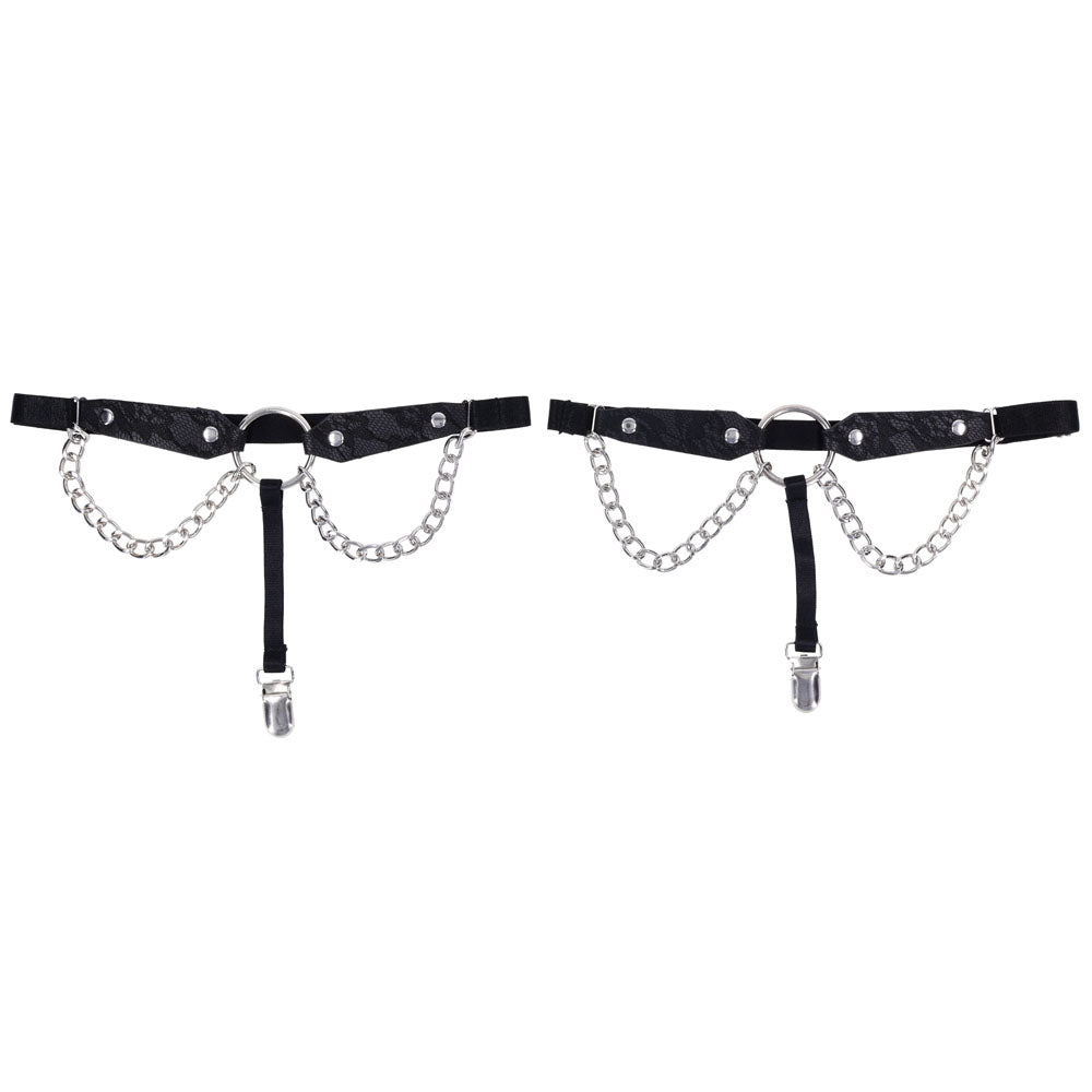 Sex & Mischief Chain Lace Garters - /Metal Garters featuring lace-etched faux leather and cascading chains.