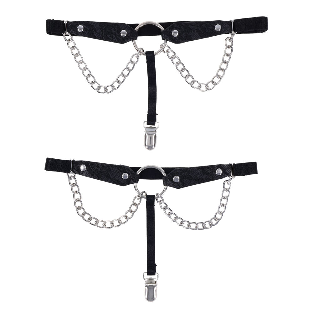 Sex & Mischief Chain Lace Garters - /Metal Garters featuring stylish lace and metal chains for a sultry look.