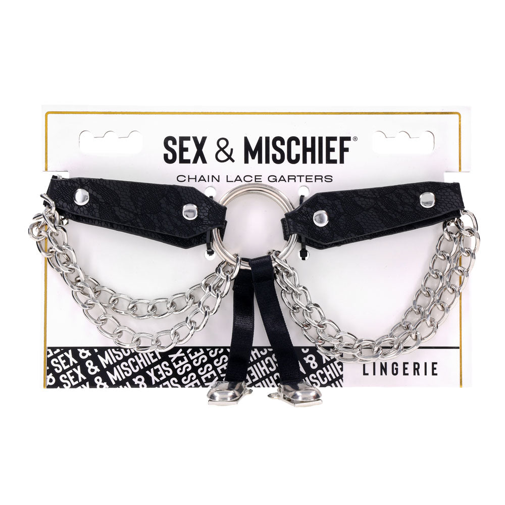 Sex & Mischief Chain Lace Garters - /Metal Garters displayed with chains and lace details.