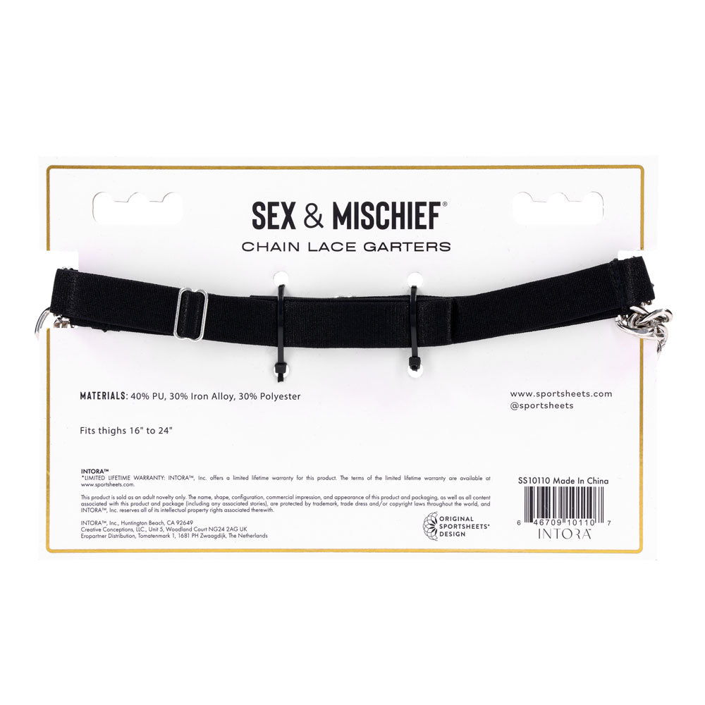 Sex & Mischief Chain Lace Garters - /Metal Garters set against a white background with details about materials and size.