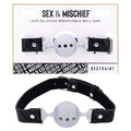 Sex & Mischief Lace Silicone Breathable Ball Gag - Black/Grey Mouth Restraint with elegant straps for sensual play.