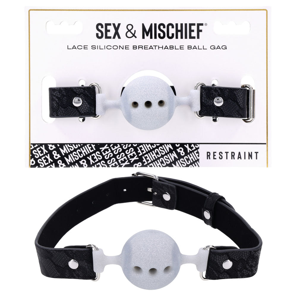 Sex & Mischief Lace Silicone Breathable Ball Gag - Black/Grey Mouth Restraint with elegant straps for sensual play.
