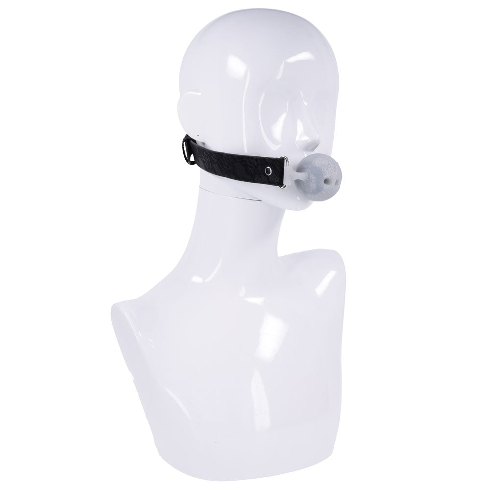 Sex & Mischief Lace Silicone Breathable Ball Gag - Black/Grey Mouth Restraint displayed on a mannequin head.