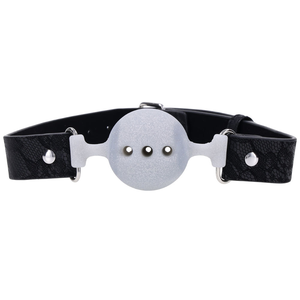 Sex & Mischief Lace Silicone Breathable Ball Gag - Black/Grey Mouth Restraint with lace-etched faux leather straps.
