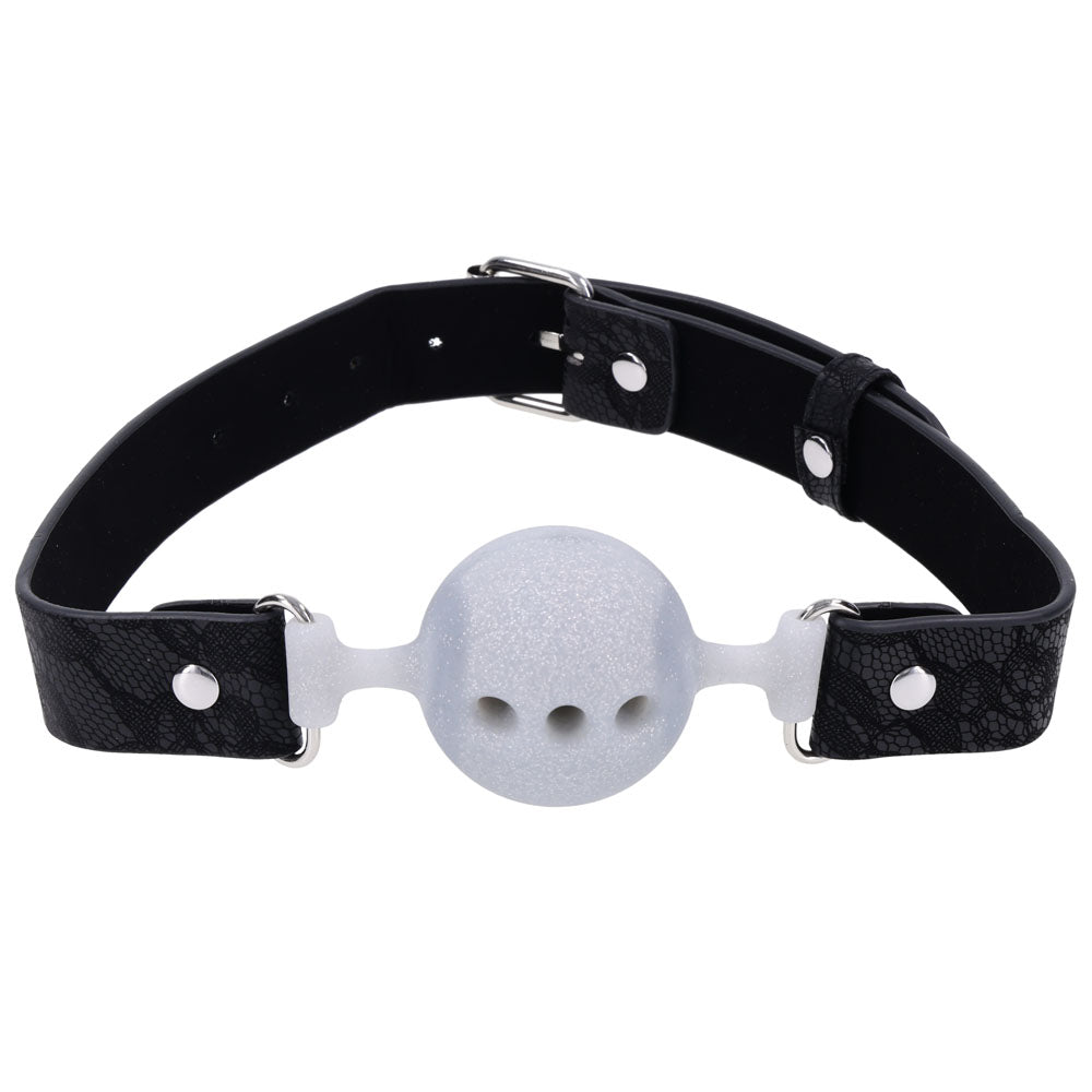 Sex & Mischief Lace Silicone Breathable Ball Gag - Black/Grey Mouth Restraint with breathable design and lace straps.