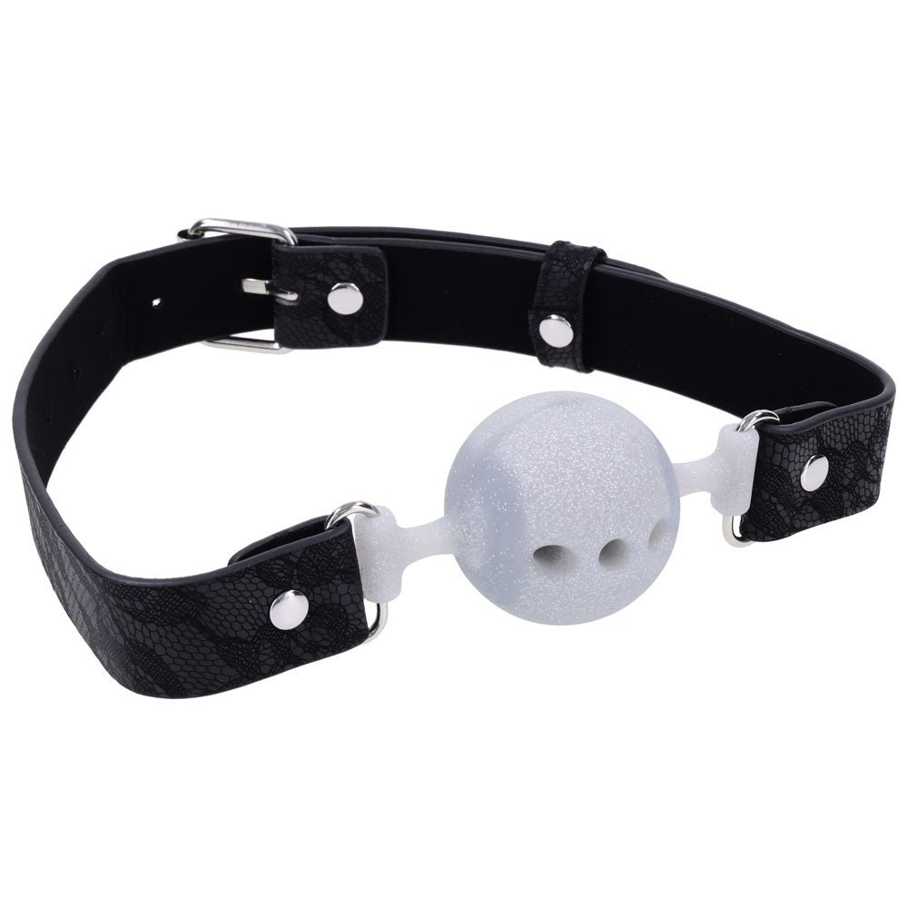 Sex & Mischief Lace Silicone Breathable Ball Gag - Black/Grey Mouth Restraint with punctured ball and faux leather straps.