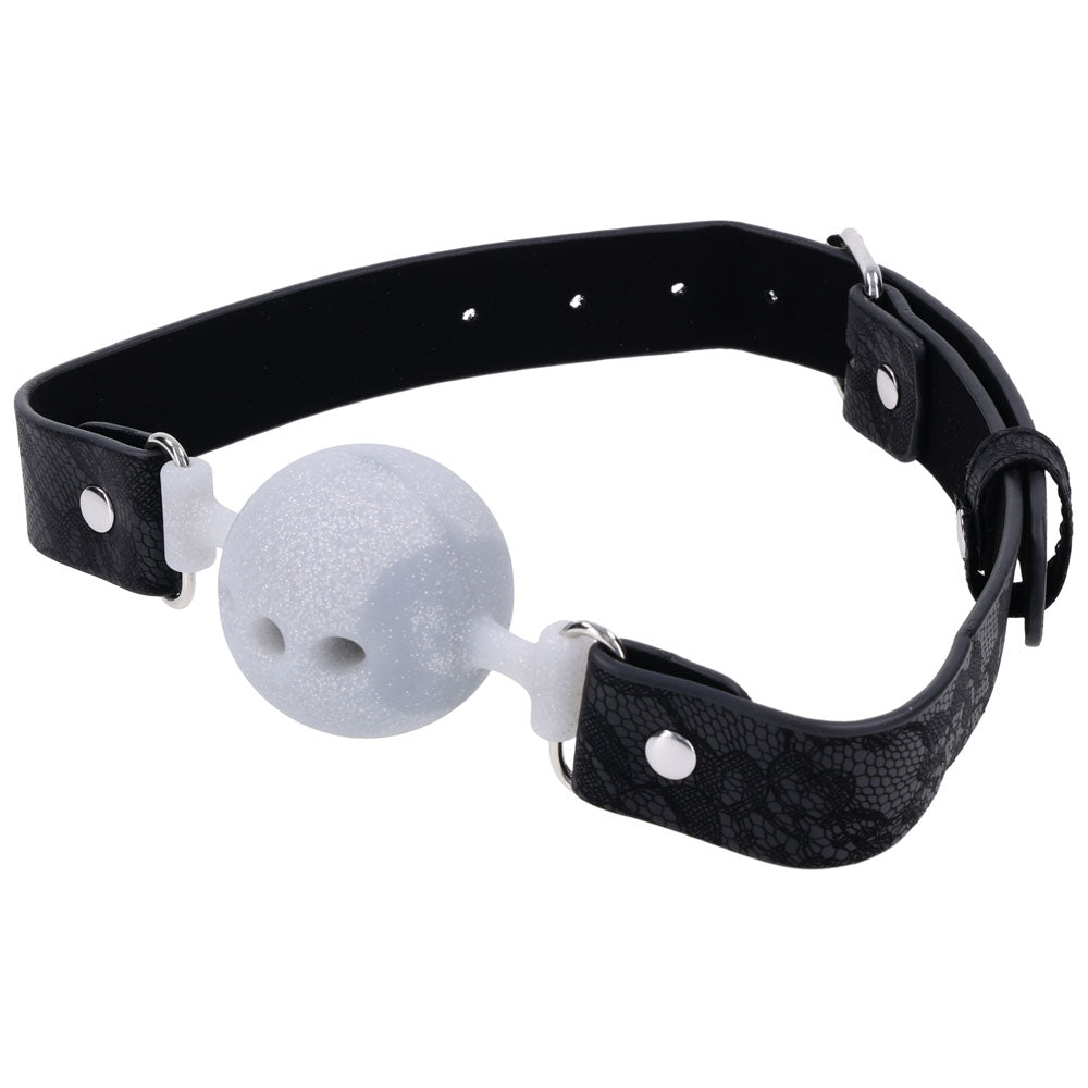 Sex & Mischief Lace Silicone Breathable Ball Gag - Black/Grey Mouth Restraint with lace-etched faux leather straps.